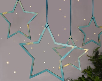 Set of Four Blue & Gold Star Christmas Decorations, Hand Painted Hanging Stars, Christmas Decor, Star Ornaments, Hanging Festive Decorations