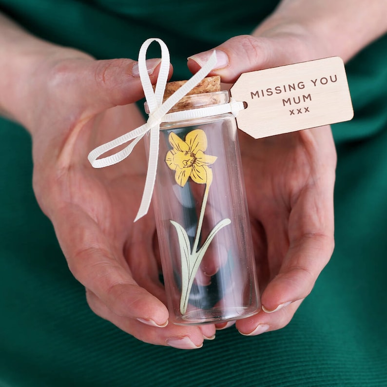 Yellow Daffodil Flower Message Bottle, Miss you Mum Mothers day Gift, Keepsake Memory Gift For Her, Gift For Mum, Gift For Grandma image 1
