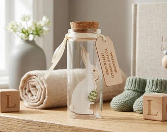 New Baby Keepsake Gift, Personalised Bunny Message Bottle,Baby Shower Gift, New Baby Boy Or Girl