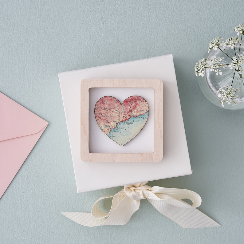 Custom Map Heart Print Miniature Frame- Romantic Valentine, Anniversary & Wedding Keepsake Gift For Him- Personalised Map Print image 1