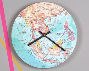 Map Wall Clock - Custom Map Location - Unique Round Wall Clock - Modern Wall Clock - Personalised Home Decor - World Map Gift - Gift For Him