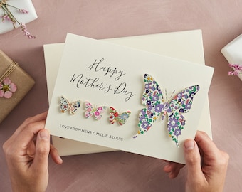 Mother's day greetings card, Liberty print butterfly card for mum or Mom, luxury personalised card for her