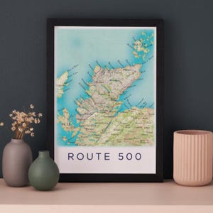 Poster della Route 500 Scozia, stampa della mappa delle Highlands scozzesi, mappa della Scozia da parete, mappa della Route 500, stampa di poster di viaggio, regalo per uomo