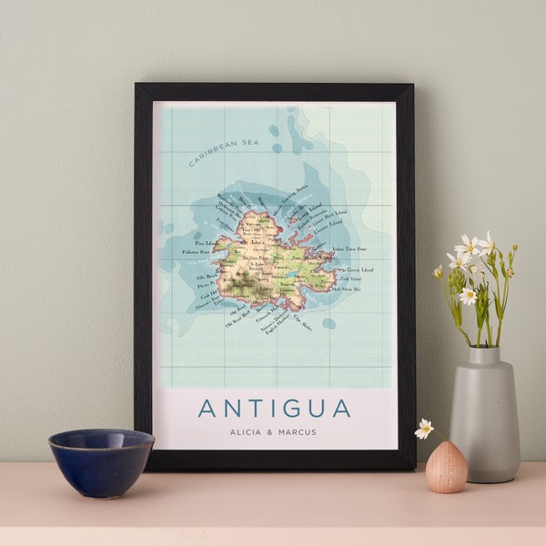 FRAMED Antigua Map Print, Wall Art Poster,Map of Antigua Caribbean, Wedding Anniversary Gift, Home Decor Gift for A Couple, Romantic Gift