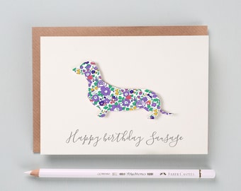 Carte d'anniversaire teckel - carte d'anniversaire amateur de teckel - carte personnalisée chien saucisse impression Liberty - carte de luxe amoureux des chiens