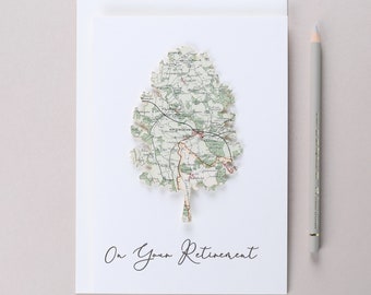 Custom Map Location Oak Tree Retirement Greetings Card, Happy Retirement Card, Colleague Leaving Card, Congratulations On Your Retirement