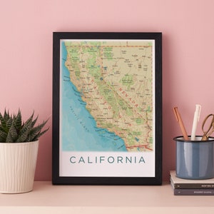 Kalifornien Poster, Karte Kalifornien, Karte des US Bundesstaates Kalifornien, Nevada Aquarell Kunstdruck, Illustration Karte Druck, USA Karte Wand Kunst Dekor