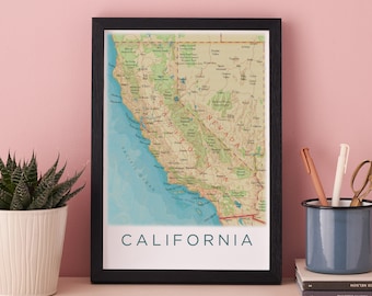 カリフォルニア州の地図アートプリント | 州のイラスト入りポスター