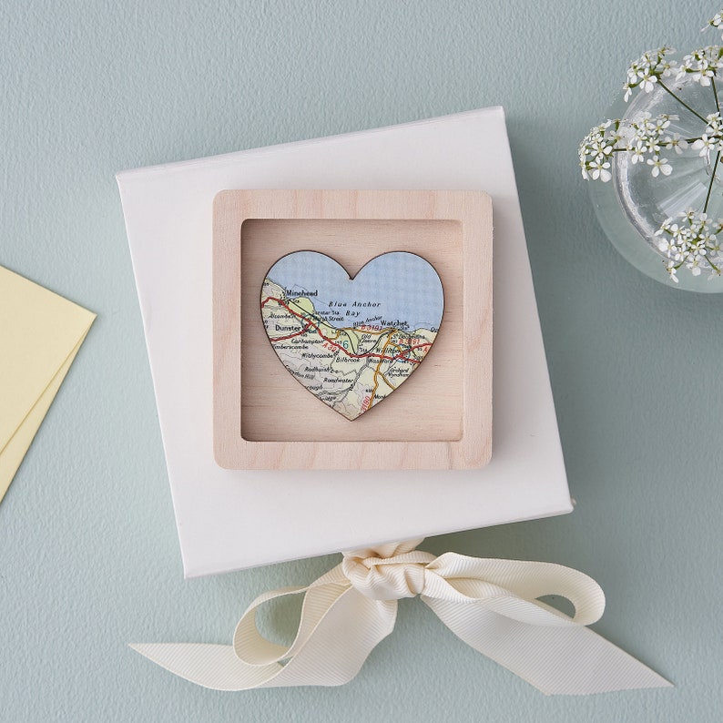 Romantic Gifts For Her, Custom Map Heart Print, Miniature Wall Art Frame, Personalised Valentine's Gift For A Girlfriend Or Wife Natural frame