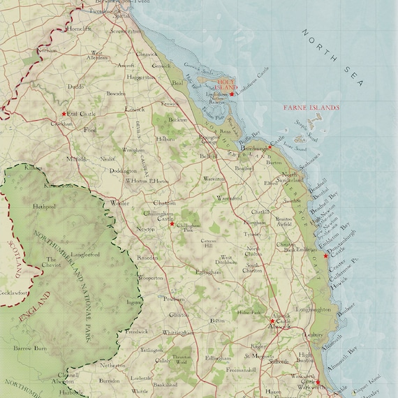 Map Of Bamburgh Area Northumberland Map Poster Holy Island Map Bamburgh Island Map | Etsy
