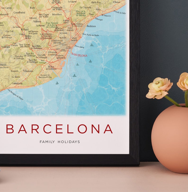 FRAMED Barcelona Map Print, Poster Print, Wall Art Decor, Gifts for Him, Barcelona Spain Map Gift, Travel Gift For men, Coastal Gallery Art image 3