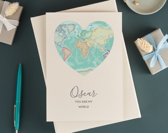 Personalised Valentine's Card For Him, World Map Heart valentines card, Personalised Romantic Valentine Card For boyfriend Or Husband,