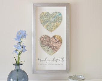 25th Wedding Anniversary Gift, Custom Map Gift, Silver Wedding Anniversary Gift for a couple, Wall Art Decor, Two Map Hearts Gift For Her