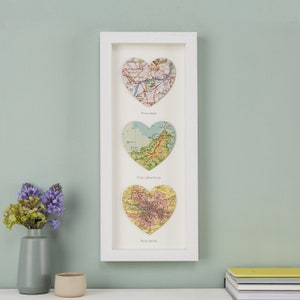 Drei individuelle Landkarte Herzen zur Hochzeit - Papier Geschenk für Hochzeit und Jahrestag für Mann Frau oder Paar - Weltkarte Druck Geschenk
