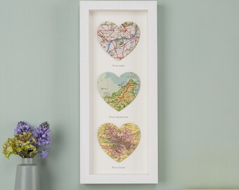 Three custom Map Hearts Print wedding gift - Paper wedding and anniversary gift for Husband wife or couple - world map print gift