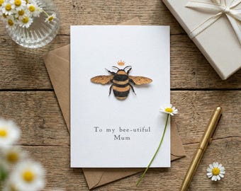 Mother's Day Bumble Bee Card, Mum Card, Personalised Greetings For Her, Hand-painted Engraved Gold Papercut
