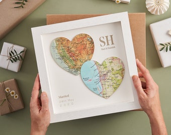 Custom Map Gift, For Him, Two Custom Map Heart Print For A Couple, Wedding Anniversary Wall Art, Romantic Valentines Gift