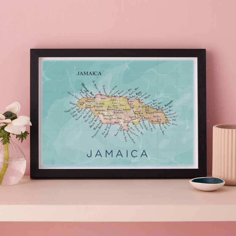 FRAMED Jamaica map, Jamaica Poster, Caribbean Island Map, Map Print, Jamaica Wall Art Map, Bathroom Artwork, Personalised Wedding Gift Print No thank you