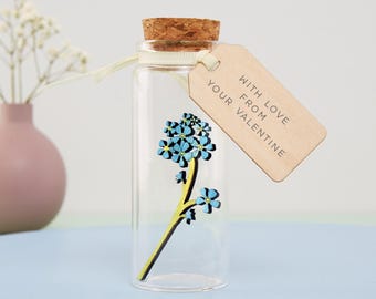 Valentine's Day Gift for Her, Flower in a Bottle with Personalised Tag, Romantic Keepsake Love Token
