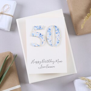 Cartão de aniversário de 50 anos para ela - Cartão de aniversário com estampa Liberty - Cartão de quinquagésimo aniversário de idade especial - Cartão de aniversário para mãe - Cartão cortado em papel