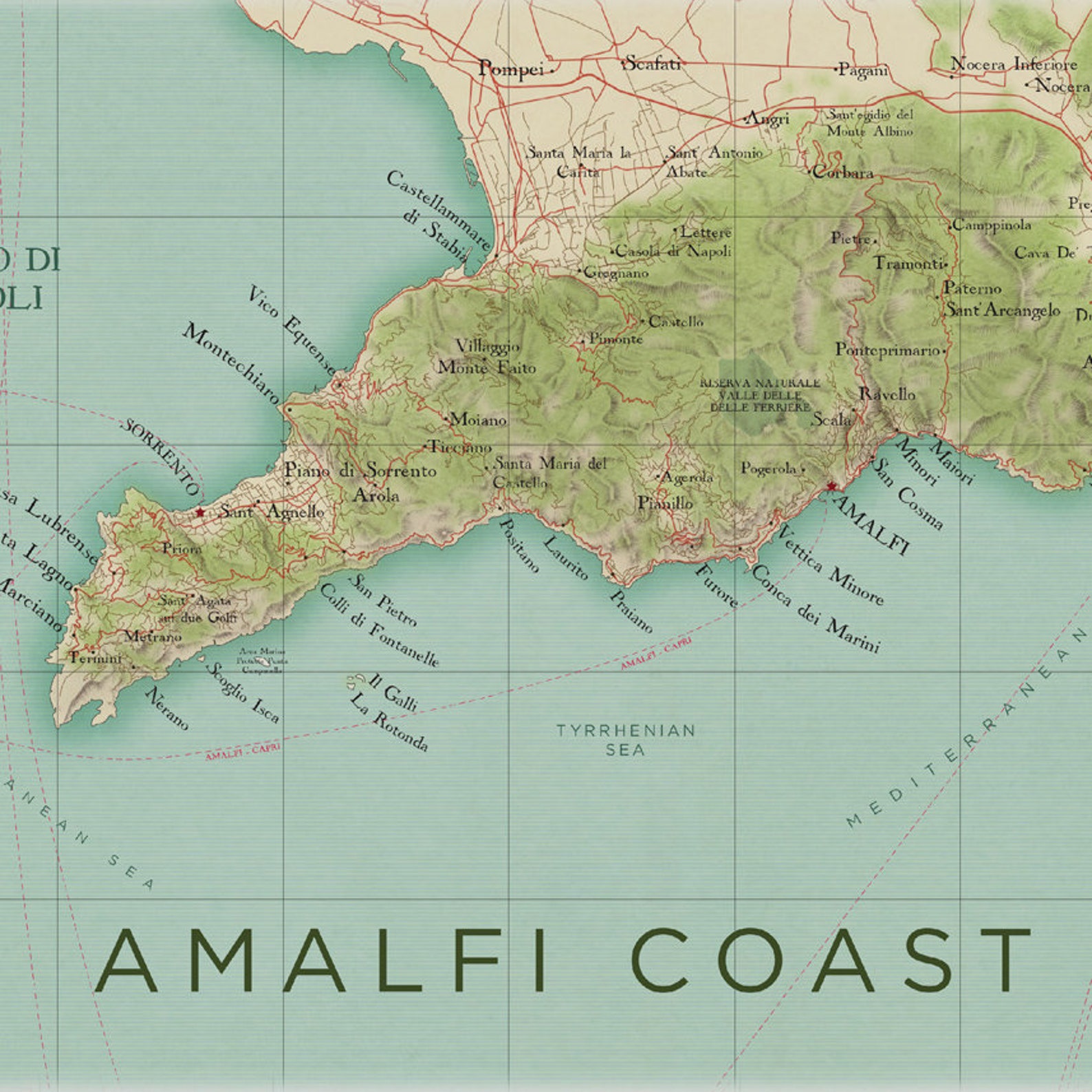 Amalfi Coast Map Sorrento Map Positano Italy Map Print Wall Art 