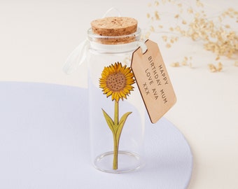 Mother's Day Gift, Sunflower Message Bottle, Gifts for Her, Yellow Sunflower keepsake Gift, Personalised Message, Wooden Flower, For Mum