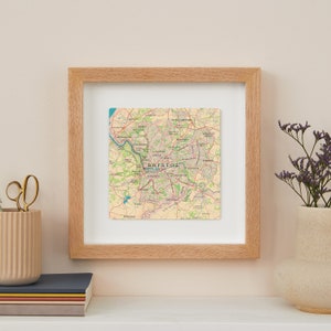 Bristol City ingelijste kaartafdruk, galerijmuurkunst cadeau voor stel, housewarming cadeau