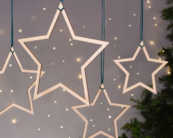 Set of Four Hanging Star Christmas Decorations, Hand Painted Hanging Stars, Christmas Decor, Star Ornaments, Hanging Festive Decorations