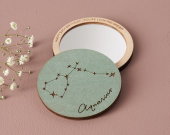 Zodiac Gift Pocket Mirror - Custom Compact- Personalised Stars Gift For Wife - Girlfriend Or Best Friend - Luxury Birthday Gift For Her