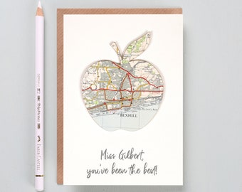 Custom map teachers apple greetings card  - personalised thank you teacher card - end of term teachers gift - personalized map card