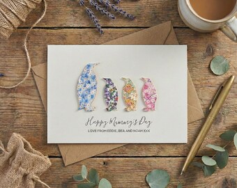 Mothers day Penguin greetings card, Liberty print Gift for Mum or Mom, Luxury Personalised Family  card for her