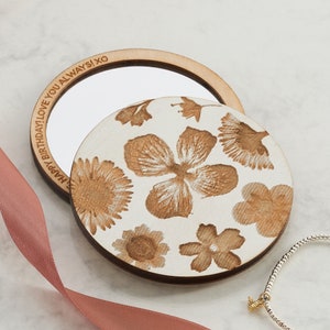 Engraved flowers compact pocket mirror - personalised gift for her - be my bridesmaid - gift for flower girl