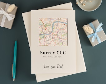 Fathers Day card, Custom Map Cricket Club Card for Dad, Personalised Sports Card