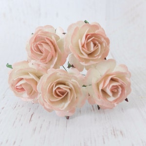 5 35mm cream blush pink tip paper roses, paper flowers, paper flowers with wire stems (Style 1)