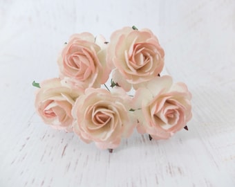 5 35mm cream blush pink tip paper roses, paper flowers, paper flowers with wire stems (Style 1)