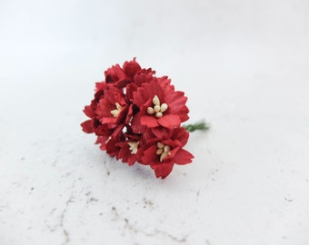 10 20mm deep red paper cherry blossoms, red paper flowers with wire stems