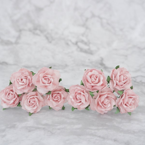 10 1" light pink mauve paper roses with wire stems, 2.5 cm paper flowers