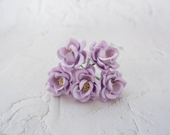 5, 35mm light purple mulberry paper flowers, 3.5 cm paper poppies with wire stems