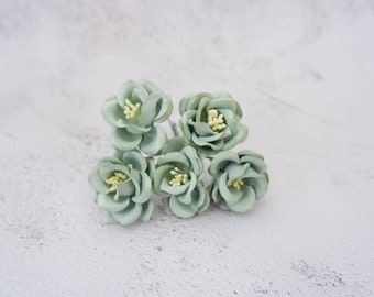 5, 35mm sage green mulberry paper flowers, 4 cm paper poppies with wire stems