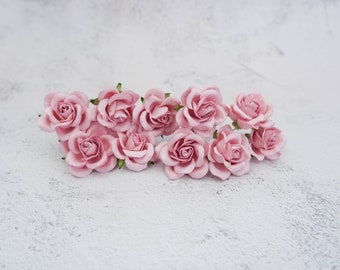 10 35mm paper dusty pink roses with wire stem, 3.5 round design B