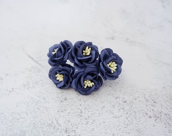 5, 35mm navy blue mulberry paper flowers, 3.5 cm paper poppies with wire stems