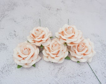 5 pc, 6 cm champagne peach blush paper roses with wire stems, 60mm paper roses