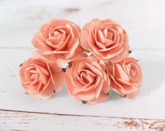 5 35mm peach  paper roses with wire stems (Style 1), 3.5 cm