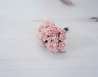 25 10mm light pink paper flower buds, budding flowers, 1 cm baby pink flowers, paper flowers with wire stems