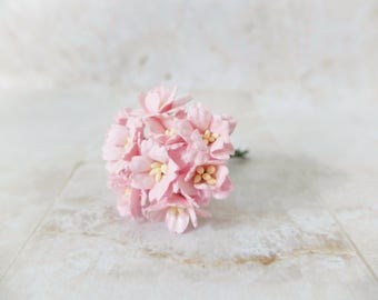 10 20mm soft pink mulberry paper cherry blossoms with wire stems, 2 cm pink paper flowers