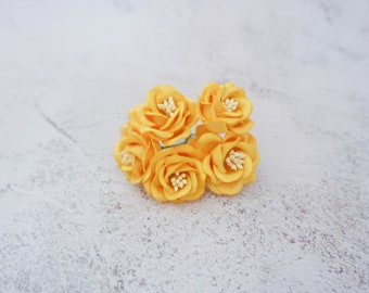 5, 35mm yellow mulberry paper flowers, 3.5 cm paper poppies with wire stems
