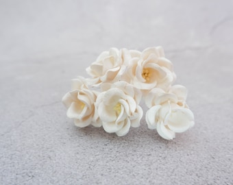 5, 35mm white mulberry paper flowers, 3.5 cm paper poppies with wire stems