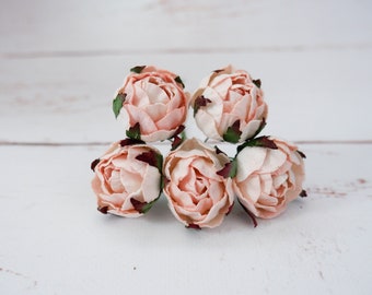 5 30mm pale blush tip  paper ranunculus, 3 cm paper flowers with wire stems