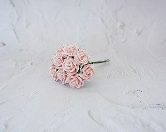 10 20mm paper light pink rose buds with wire stems, 2 cm pink paper flowers