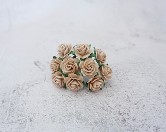 10 roses en papier beige 20 mm, fleurs en papier 2 cm